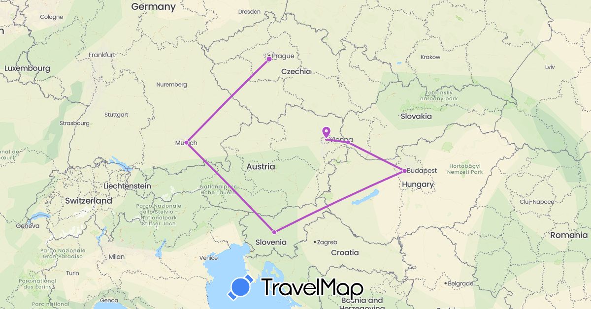 TravelMap itinerary: driving, train in Austria, Czech Republic, Germany, Hungary, Slovenia, Slovakia (Europe)